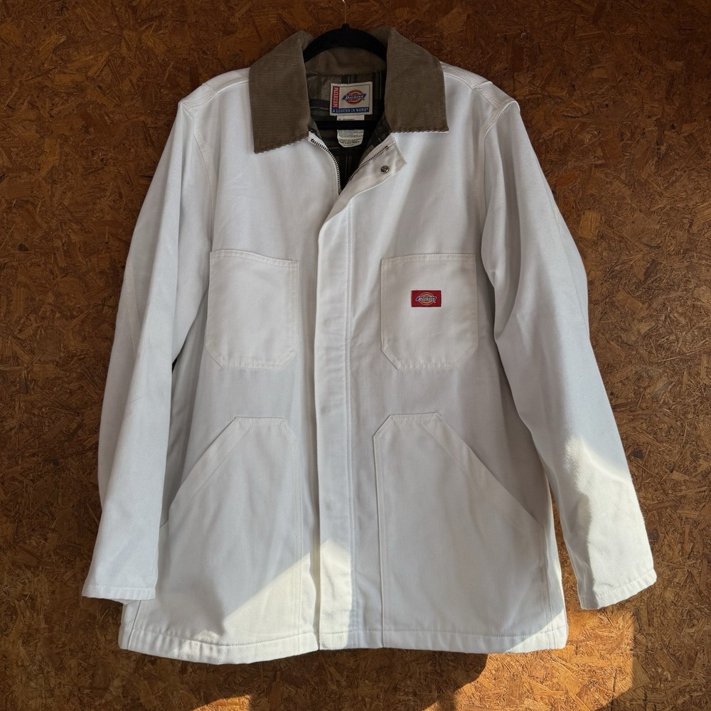 Dickies Workwear Jacket M White Flannel Lined Embroidered Logo Pocket
